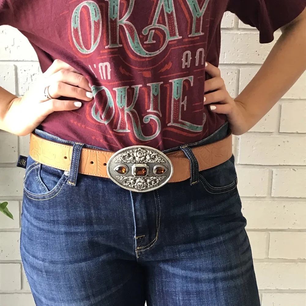 Moulin Rogue Silver Buckle Tan Tooled Leather Belt